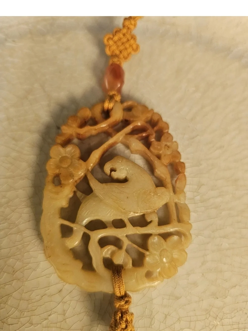 Carved Jade Pendant Necklace with Gold Tassel - Yellow-Russet